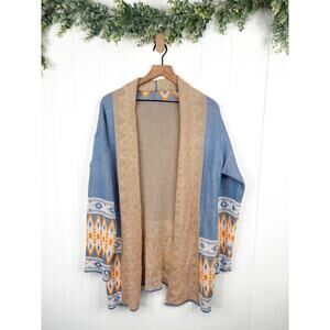 Womens Boho Aztec Cardigan Sweater Small Shawl Collar Open Front Tribal Longline